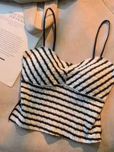 Strap Black and White Striped Vest Thin Autumn Wear With Padding Integrated Short Design