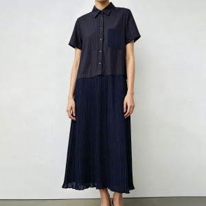 AMII | New Summer Dress With Collar Partially Open Front Material Contrast Pleated Casual Short Sleeve