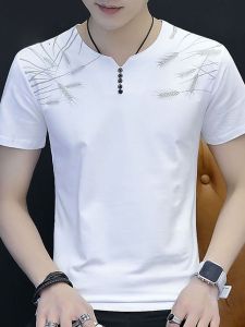 ROMON | Lormen Pure Cotton Short Sleeve T-Shirt Mens Summer Thin Round Neck Chinese Style Casual V-neck Ice Silk Body Youth Fashion