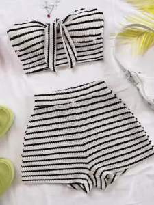 Bộ Đồ Nữ Hai Mảnh Thanh Lịch Kẻ Sọc Với Áo Điểm Nhấn Hình Bướm & Quần Short Cạp Cao Thời Trang Mùa Hè Phong Cách Biển Cho Kỳ Nghỉ Và Hẹn Hò