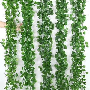 2M Green Artificial Plant Wall Hanging Ivy Leaf Garland Vine for Outdoor Garden Decor Silk Fake Plant