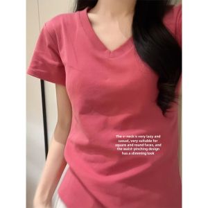 Rose Pink V-neck Short-Sleeved T-shirt for Women Summer Niche Design Silm Slim Looking Cotton Blouse Elegant Tops
