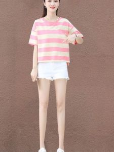 Summer Short Sleeve T-Shirt Womens Striped Loose Short Style Fashionable Top Korean Version round Neck Silk Material