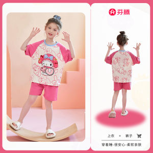 FenTeng Girls Summer Sleepwear Short Sleeve Thin Cotton Home Clothes Set Breathable Comfortable Cartoon Style Kids Home Suit
