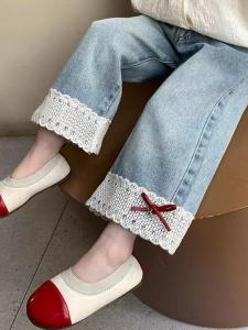 Girls Lace Trim Wide Leg Pants Spring Autumn Baby New Chinese Style Casual Rabbit Fur Pants for Women in Their Forties