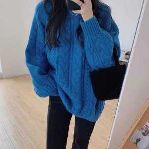 Idle Style Blue Sweater Womens round Neck Thickened Autumn and Winter 2024 New Arrival Loose Easiest for Match Knitting Bottoming Shirt Tops