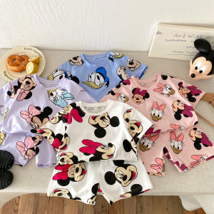 Full Print Minnie Cute Girls Short Sleeve Suit Summer Clothes Cartoon Fashion T-shirt + Shorts 2 Piece Set Childrens Wear Sets