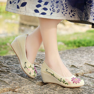 Chinese Style Linen High Heel Flats Embroidered Shoes Ethnic Style Old Beijing Cloth Shoes Womens Wedge Shoes Han Chinese Clothing Shoes