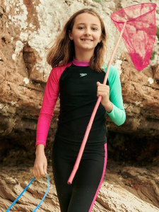 Speedo | Color Block Chlorine Resistant Sun Protection Long Sleeve Split Surf Swimsuit