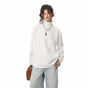 BWKA | Deconstructed Semi-high Collar Tencel-like Soft Warm Long Sleeve T-shirt