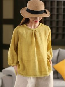 เสื้อยืดคอตตอนลินินบางแขนสามส่วนสำหรับผู้หญิงในช่วงฤดูร้อน เสื้อเชิ้ตคอตตอนลินินระดับไฮเอนด์แบบใหม่ ทรงเข้ารูป เสื้อเชิ้ตแขนยาว