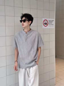 ZHUOCAN | Áo Thun Nam Tay Ngắn Mùa Hè Cổ Henley Màu Xám