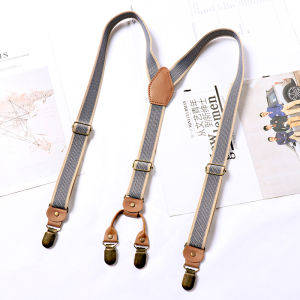 Casual Striped Suspenders with Elastic Strap for Men and Women Universal Y-Back Design in Coffee Color PU Leather Material