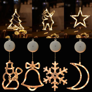 1pc Christmas Decoration LED Suction Cup Lights Santa Snowflake Elk Lamp Hanging Pendant For Xmas Tree New Year Party Home Decor