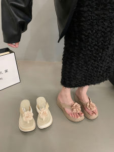 Womens Thick Heel Heightening Chinese Style Thong Slippers Summer Fashionable Open-Toe Sandals Slip-On Casual Rubber Sole