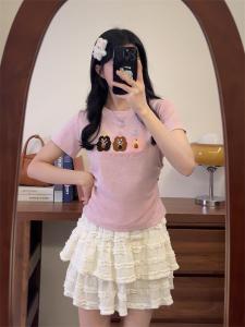 Cute Flocking Cartoon Embroidery Short Sleeve T-Shirt Womens Fashion Shoulder Length Miniature Pleated Waist Short Top