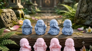 Bộ 04 chú tiểu Tứ Không - mẫu có đeo chuỗi có ánh kim Decor Bàn Làm Việc Trang Trí Ô Tô