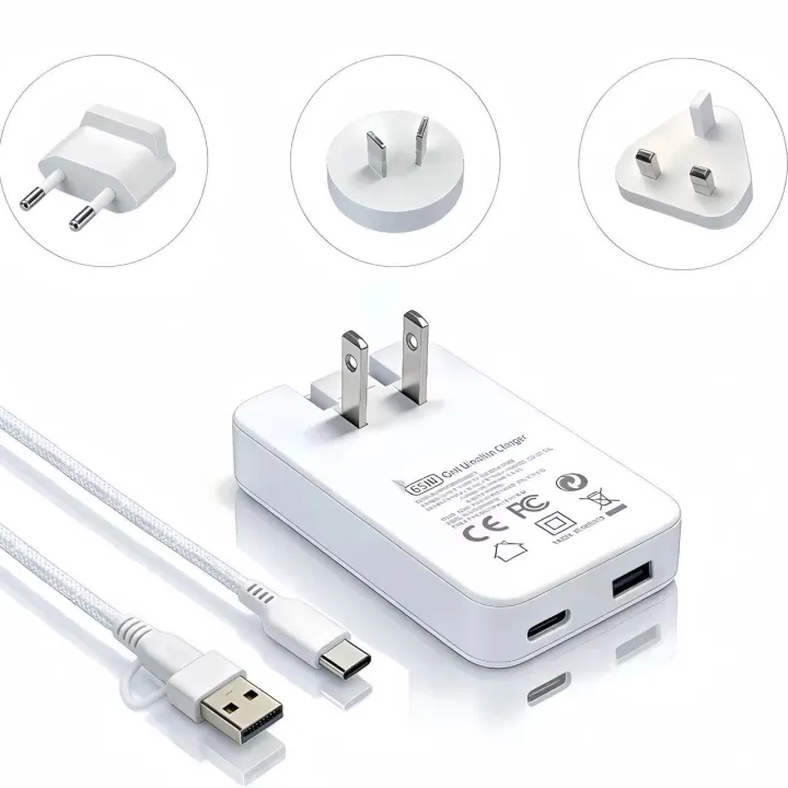 65W Slim GaN Charger with UK/EU/AU 3 Plugs, 2-Port Power Adapter for MacBook Air/Pro, iPhone 17/16/15, iPad, Galaxy S25/S24
