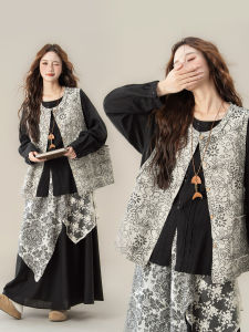 Bộ Áo Vest Dài Tự Do Hoa Văn Retro Cho Nữ Cao Nhỏ