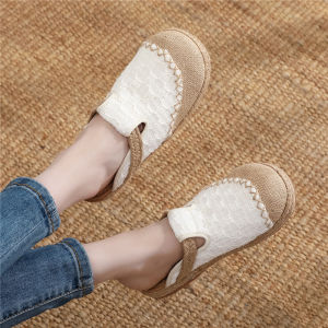 Old Beijing Cloth Shoes Womens Summer New Arrival Cotton Slippers Closed Toe Simple Outdoor Linen Sandals Flat Heel Straw Woven Ethnic Style