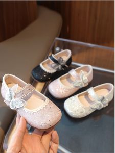 Spring Autumn New Style Girls Fashionable Slip-On Little Leather Shoes Sparkling Butterfly Knot Princess Shoes Baby Girls