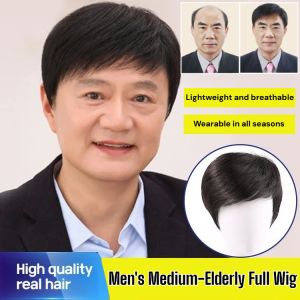 Business Natural And Realistic Full Wig For Medium-Elderly Men Breathable Head Covern Short Straight Hairpiece for Daily Use (Black/ Brown)