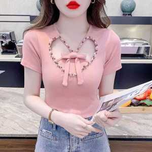 Beaded Hollowed Heart Shape Short Sleeve T-Shirt Womens Summer 2024 New Arrival Plus Size Plus Size Ladies Silm Slimming Short Top Women