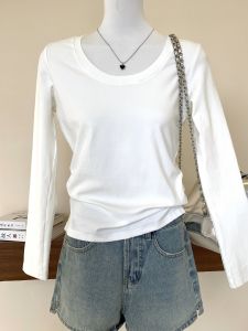 Versatile U-Neck Long Sleeve Womens T-Shirt Casual Style Inner Wear White Base Shirt Simple Fashion Autumn Winter Top