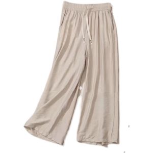 Quần Ống Rộng Cạp Cao Mùa Hè Cho Mẹ Trung Niên Quần Dài Thường Ngày Màu Trơn Mỏng Cỡ Lớn Quần Dài Thoải Mái Cho Nữ