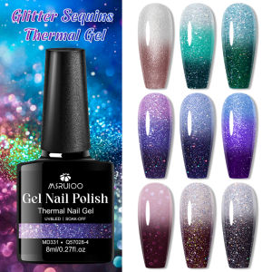 MSRUIOO 8ml Glitter Sequins Thermal Gel Nail Polish Color Changing DIY Nail Art Soak Off UV/LED Gel for MAnicure DIY Design