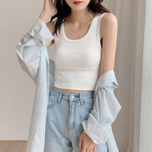 เสื้อกั๊กแขนกุดลายทางสปอร์ตสำหรับผู้หญิงในช่วงฤดูร้อน ทรงเข้ารูป เสื้อชั้นในสีขาว สไตล์ลำลอง คอวี ทรงหลวม แขนกุด