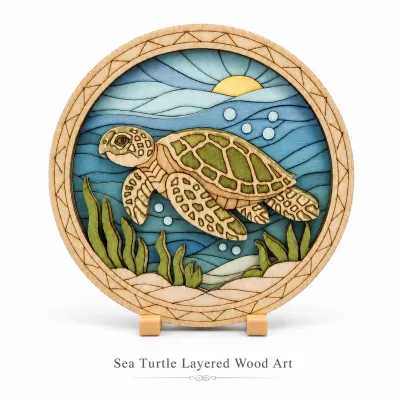 LHENGTT DIY Sea Turtle Layered Wooden Art Kit with Display Stand Paintable Wood Craft for Home Desk Shelf Decoration