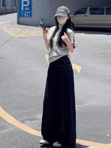 กางเกงยีนส์ทรงตรงหลวมๆ สีน้ำเงินเข้มสำหรับผู้หญิง กางเกงขายาวเอวสูง ทรงหลวม ทรงขากว้าง ทรงลำลอง เทรนด์ฤดูร้อน