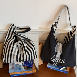 Large Capacity Striped Shoulder Fashion Womens Bag Simple Lazy Tote Commuter Versatile Casual Canvas Bag Double-sided