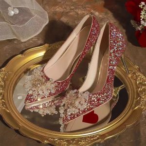 Red High Heel Wedding Shoes for Women Crystal Embellished Engagement Party Footwear Chinese Style New Bride Elegant Fashionable