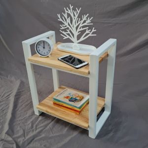 👍 โต๊ะข้างเตียง 3 ชั้น 60x30x50 ชม ไม้ 100% เคลือบ PU ขาเหล็กสีขาว ไม้สีใส