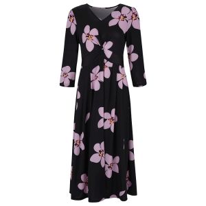 MY TENO | Elegant V-neck Printed Dress Womens Fashion Vintage Waist-cinching Floral Print Skirt Black Base Color Spring Summer Autumn