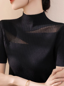 Áo Thun Dệt Kim Lụa Băng Tay Ngắn Mùa Hè Mỏng Khoét Rỗng Cổ Cao Lưới Ren Ôm Vừa Vặn Cho Nữ