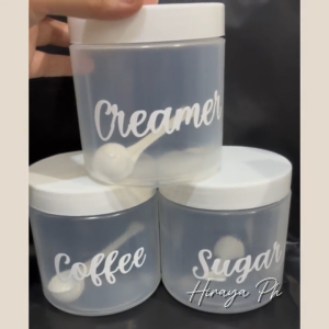 Hiraya Ph 6 Pcs Plastic Canister Set Transparent White w/ Label and Scooper Coffee Sugar Container Jar Kitchen Organizer