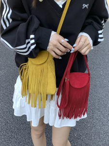 Bohemian Tassel Mini Crossbody Phone Bag Velvet Matte Single Shoulder Bag Youth Fashion Korean Style Pure Color PU Material