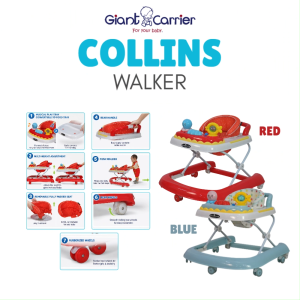 Giant Carrier Collins Walker with Musical Play Tray Convertible to Food Tray Multi-Height Adjust Padded Seat Push Handle & Rubber Wheels for Safe & Fun Baby Walking