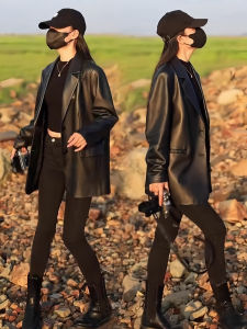 แจ็คเก็ตหนัง PU ทรงหลวม ทรงสลิม แขนยาว สีดำ ทรงยาวปานกลาง สำหรับผู้หญิง ฤดูใบไม้ผลิและฤดูใบไม้ร่วง แจ็คเก็ตหนัง PU แฟชั่น