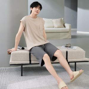 MiiOW | ชุดนอนผู้ชายแขนสั้นผ้าฝ้ายบางป้องกันแบคทีเรีย MiiOW ฤดูร้อน 2025 ชุดอยู่บ้านลำลอง 2 ชิ้น คอตตอน 95% ยืดหยุ่น 5%