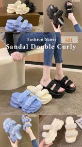 Sandal Wanita Selop Double Curly Sole 7 Cm Hitam Krem Tosca (601)