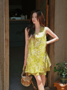 Summer Green Cold Breeze Gradient Dyeing Embroidery Strap Vest Womens Wide Shoulder V-neck Loose Fit A-line Skirt Dress