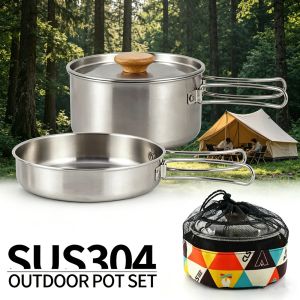 CLS&NOBANA 2pcs Camping Pot Set 304 Stainless Steel Outdoor Cookware Kit Cooking Set Travel Tableware Tourism Hiking Picnic BBQ