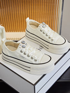 Casual Diamond Embellished Canvas Shoes Womens Spring 2025 Fashionable Versatile National Style Leather Low Top Sneakers