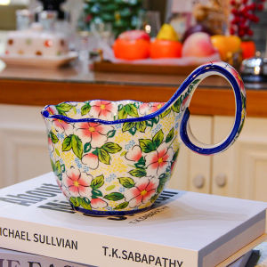 Large Diameter Ceramic Mugs Womens High Aesthetic Value Breakfast Cups Big Capacity Oats Cups Curved Handle Cups for Adults