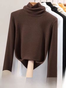 Áo Thun Cổ Cao Lót Lông Cừu Dày Ấm Áp Cho Nữ Mùa Thu Đông Tay Dài Thường Ngày Màu Trơn Dáng Ôm Vừa Vặn