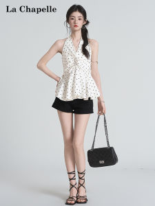 La Chapelle | French Style Halter V-Neck Dots Twist Back Aesthetic Top